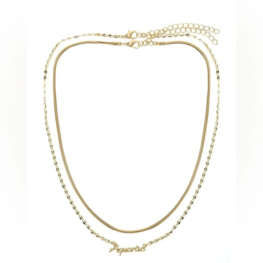 NWT Aquarius Zodiac Necklace 2 Piece Layered Gold Tone Chains w Crystal Accent